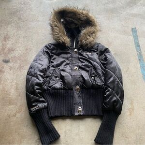 Southpole Vintage Y2K Hip Hop Black Satin Jacket with Fur Lined Hood